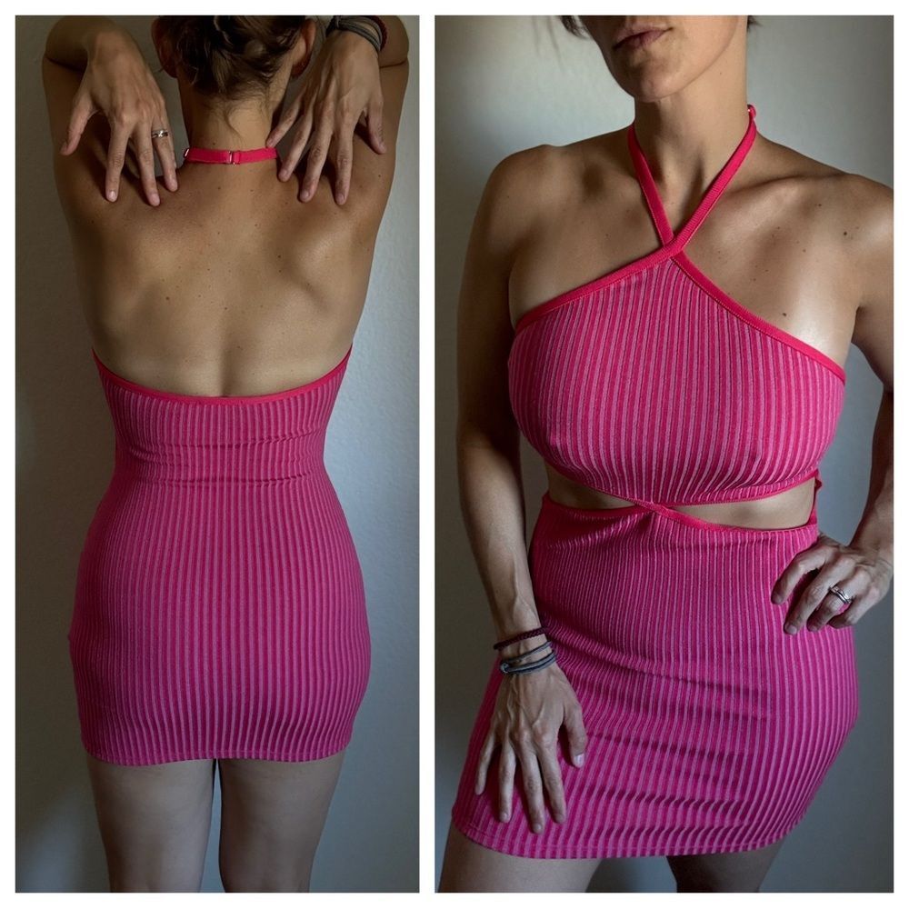 Pink Halter Neck Ribbed Dress